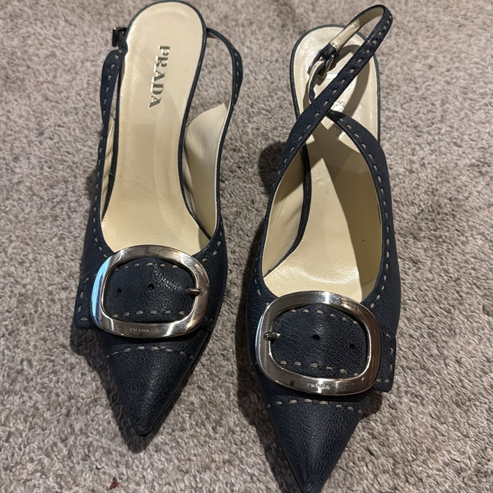 Prada Black Slingback Pointed Toe Heels with Silver Buckle - Picture 2 of 13